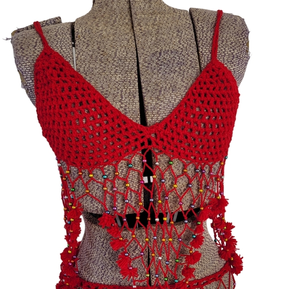 2 piece handmade red crochet swimsuit cover-up - Picture 2 of 11